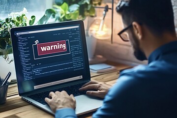 Programmer is working on his laptop and receiving a warning message on the screen