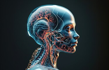 Close-up of a head showing brain and nervous system.