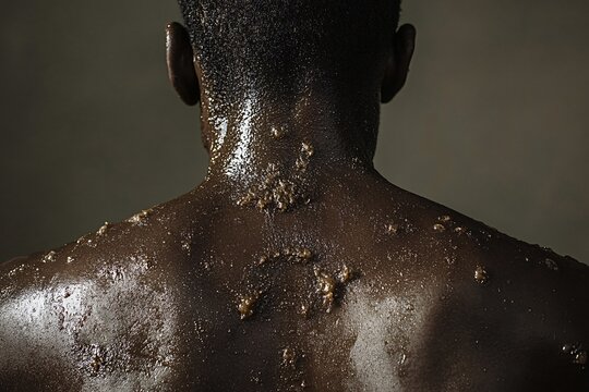 Close-up of a man's back, marked by scars, highlighting the lasting impact of chickenpox
