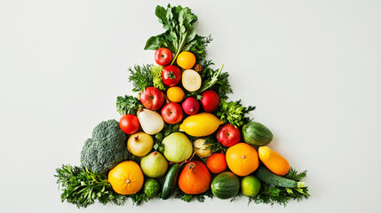 Variety of vegetables and fruits in triangle shape like a Christmas tree, light background, copy space. Generative AI