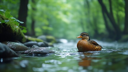 A serene duck glides gracefully across a tranquil stream, surrounded by lush greenery and smooth stones under soft natural light.