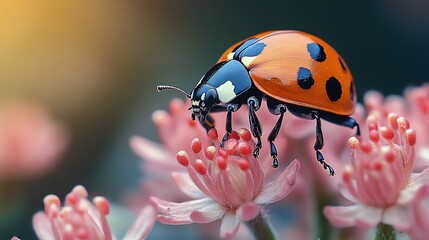 Obraz premium Close-up of a vibrant ladybug perched on pink flowers, showcasing its striking colors and delicate nature.