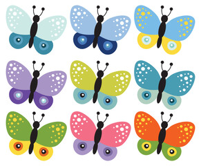 Butterfly collection, cute kids cartoon vector. Illustration isolated on white background. Color insect clipart. Baby shower design elements. Party invitation, birthday celebration. Spring, summer art