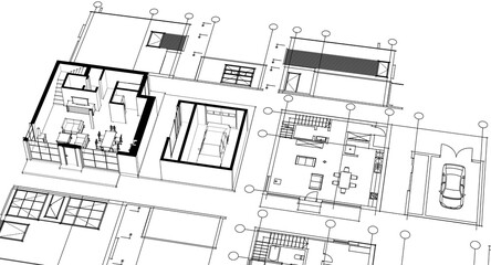 house architectural project sketch 3d illustration	
