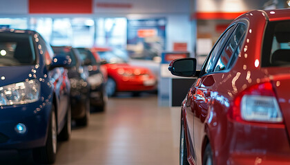 Create an image of a luxury car showroom with sleek, shiny sports cars and SUVs lined up. The room is brightly lit with glossy floors, and sales brochures are neatly arranged on a modern desk