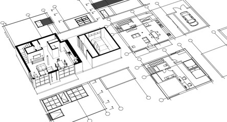 house architectural project sketch 3d illustration	
