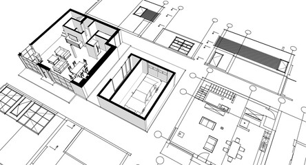 house architectural project sketch 3d illustration	
