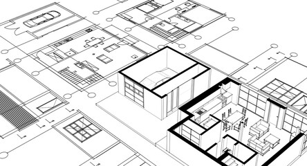 house architectural project sketch 3d illustration	
