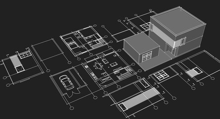 Obraz premium house architectural project sketch 3d illustration 