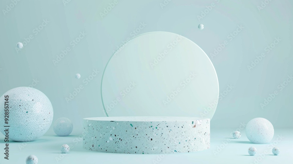 Poster a light blue terrazzo podium is displayed with spherical elements in a serene, minimalist environmen