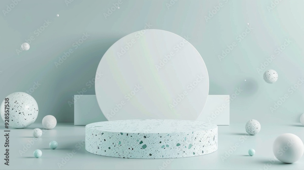 Poster the light blue terrazzo podium is set in a minimalist environment, surrounded by decorative spheres 