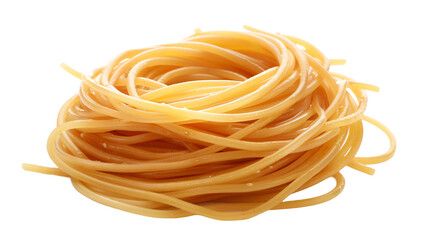 Newly prepared golden noodles artfully displayed in a spiral pattern, set against a clear backdrop, ideal for cooking and food-themed projects