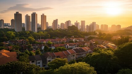 Naklejka premium A scenic view of urban high-rises at sunset, blending nature and city life.