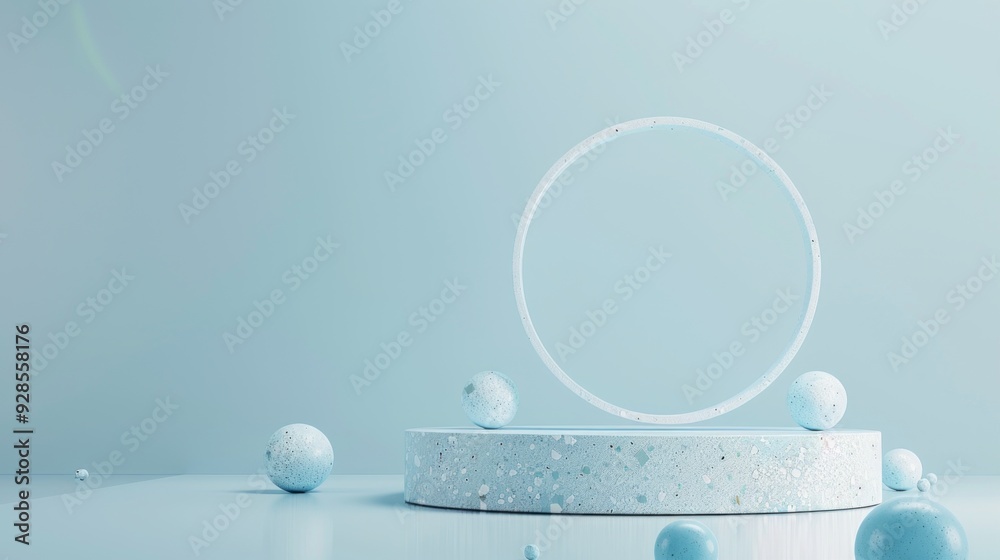 Poster a light blue terrazzo podium features a circular display, complementing the serene atmosphere of the