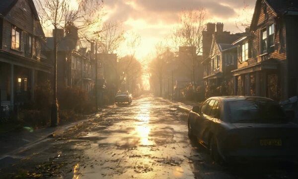 An eerie, abandoned street at sunset in a post-apocalyptic world, with decaying houses, overgrown plants, and rusting cars, casting long shadows in a desolate landscape marked with the year "2025" 