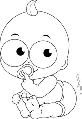 Baby in a dirty diaper. Cute baby or toddler with pacifier needs a diaper change. Vector black and white coloring page.