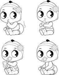 Cartoon baby girl characters. Cute babies drinking milk, playing, sitting and having a dirty diaper. Vector black and white coloring page.