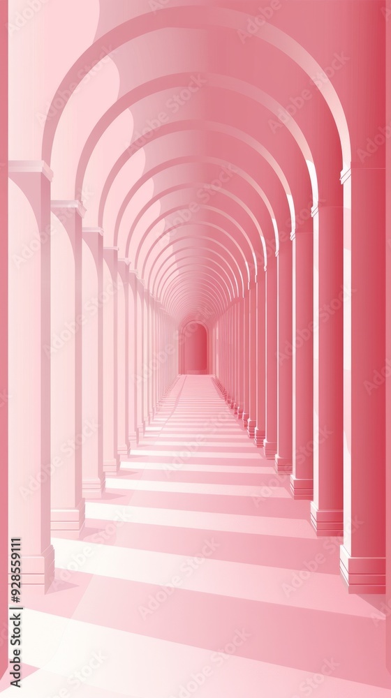 Poster A tranquil hallway features a series of pink arches that create an inviting path into the heart of a minimalist space