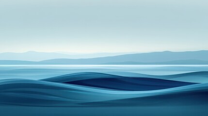 A serene abstract landscape of layered blue waves and distant mountains.