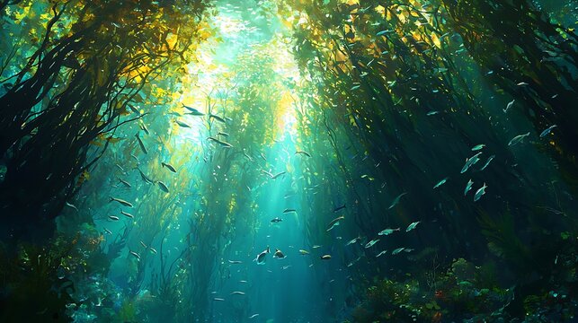 A bustling kelp forest with diverse marine creatures