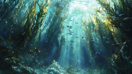 Obraz premium A bustling kelp forest with diverse marine creatures