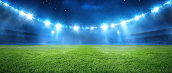 Empty Stadium with a Bright Blue Sky and a Green Grass Field