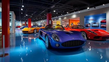 Create an image of a luxury car showroom with sleek, shiny sports cars and SUVs lined up. The room is brightly lit with glossy floors, and sales brochures are neatly arranged on a modern desk