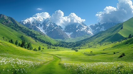 Obraz premium Stunning Alpine Meadow with Snow-Capped Mountains and Blue Sky on a Sunny Day , landscape in Kyrgyzstan