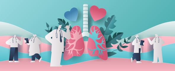 Doctors examining lungs healthcare concept papercut style. Medical professionals with stethoscopes analyzing lungs with heart symbols and foliage background