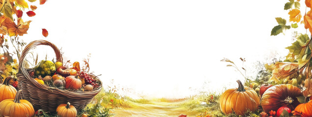 Autumn harvest with pumpkins and fruits outdoors, cut out - stock png.