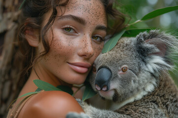 Naklejka premium AI generative picture of beautiful woman cuddling favorite pet animal