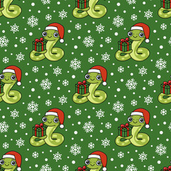 Seamless pattern with green snake in Santa hat, gift and snowflakes. Chinese New Year symbol. Christmas cartoon animal character. Winter holiday print