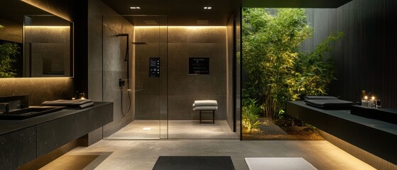 Fototapeta premium Modern Bathroom with Glass Shower Enclosure and Outdoor Garden View