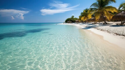 Obraz premium A serene beach scene with clear turquoise waters and palm trees under a bright sky.
