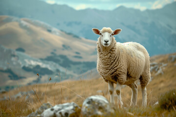 Sheep on the background of the mountains. Animals in the mountains