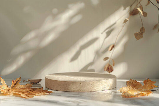Empty podium for product display with fall leaves on beige stone wall background. Autumn, fall concept. Generative AI