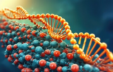 Close-up view of a DNA strand against a blue background.