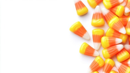 Craft colorful candy corn heap with soft shadows and reflections, ensuring each piece is realistically detailed