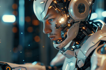 Fototapeta premium Robot cyborg humanoid helper in activities of daily life routine living with people, Generative AI