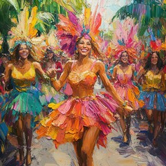 Naklejka premium A lively, joyful parade with people in costumes and floats, captured in vibrant, colorful handdrawn strokes