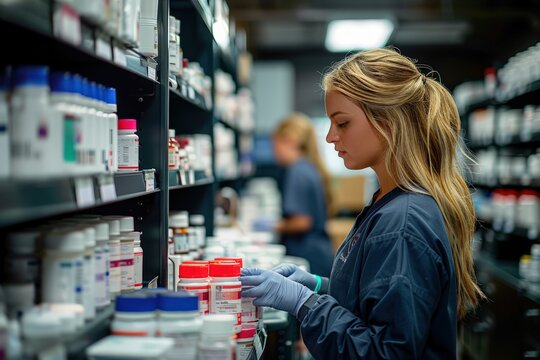 A committed pharmacy technician in blue gloves and a jacket organizes and sorts medicines on a pharmacy shelf, symbolizing organization and attention to detail.