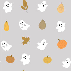 Cartoon ghost, pumpkins, autumn leaves, halloween background, vector seamless pattern