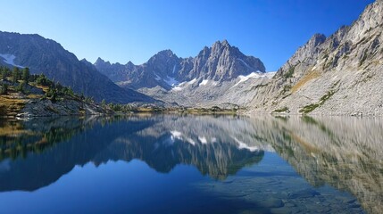 Fototapeta premium Tranquil Mountain Lake Surrounded by Tall Snow-Capped Peaks with a Glass-Like Surface Reflecting the Clear Sky and Rugged Landscape. AI generated illustration