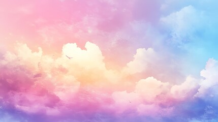 Soft, colorful sky with fluffy clouds and a small bird flying.