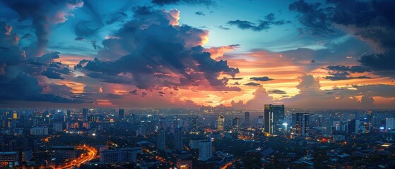 Fototapeta premium Cityscape Twilight: Urban Skyline with Vibrant City Lights and Dramatic Clouds, Perfect for Nightlife Photography