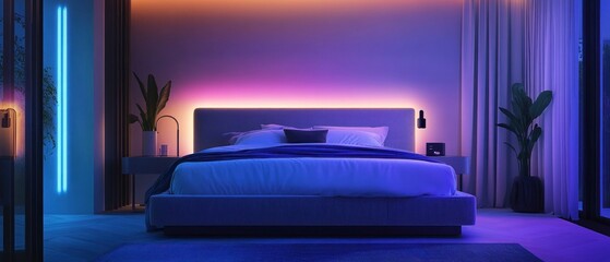 Modern Bedroom with Colorful LED Strip Lights and a White Bed