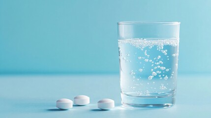 Effervescent Tablet Dissolving in Glass of Water on Light Blue Background