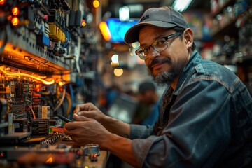A man with glasses and a hat focuses on intricate electronic work at a cluttered workbench, surrounded by various tech components and illuminated by orange lighting.