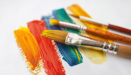 Fototapeta premium Paintbrushes and vibrant strokes on white background. Colorful image. Hand drawing.