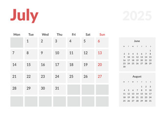 Monthly page Calendar Planner Templates of July 2025. Vector layout of simple calendar with week start Monday for print. Page for size A4 or 21x29.7 cm